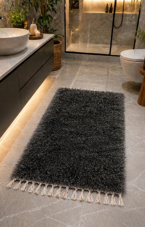 El Dokuma Bambu Viskon Yumuşak İplik 70x140 cm Peluş Halı Paspas Siyah