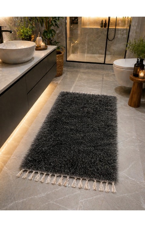 El Dokuma Bambu Viskon Yumuşak İplik 70x140 cm Peluş Halı Paspas Siyah