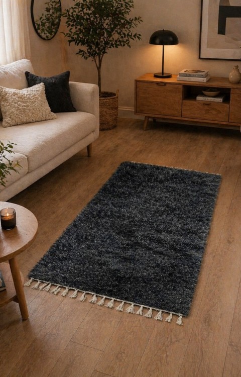 El Dokuma Bambu Viskon Yumuşak İplik 70x140 cm Peluş Halı Paspas Siyah