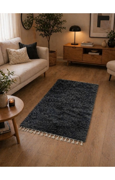 El Dokuma Bambu Viskon Yumuşak İplik 70x140 cm Peluş Halı Paspas Siyah