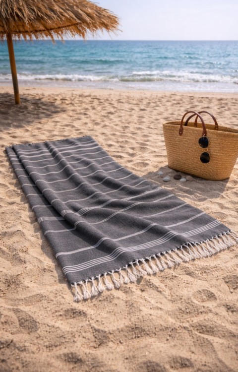 Çizgili %100 Pamuk 90x180 cm Peştemal Plaj Banyo Havlusu Siyah