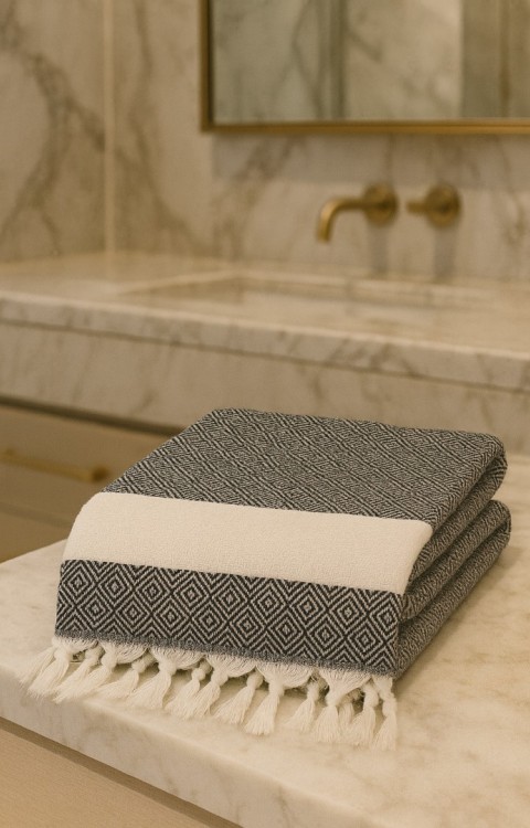 Elmas Desen %100 Pamuk 100 x 180 cm Peştemal Plaj Banyo Havlusu Siyah