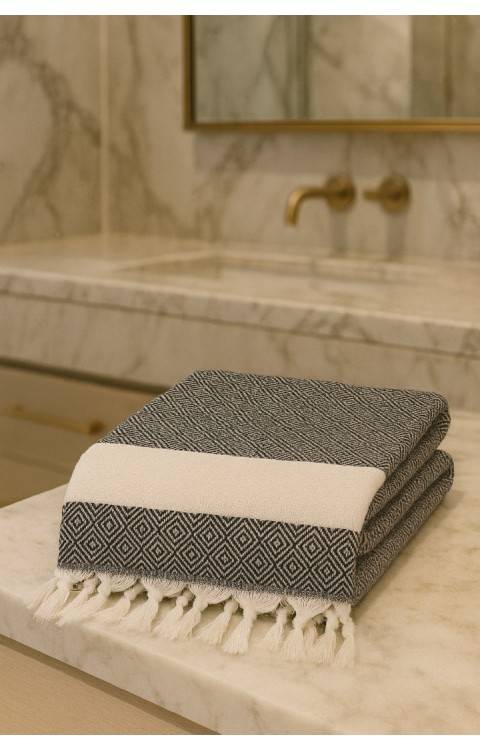 Elmas Desen %100 Pamuk 100 x 180 cm Peştemal Plaj Banyo Havlusu Siyah