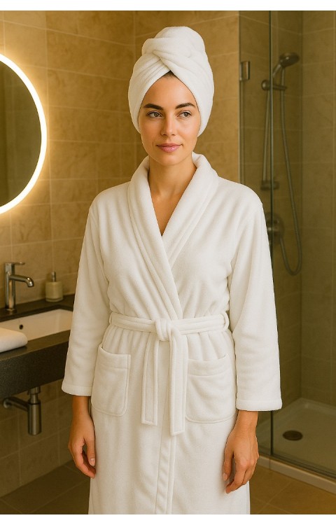 %100 Pamuk Düğmeli Lüx Havlu Saç Bonesi Beyaz