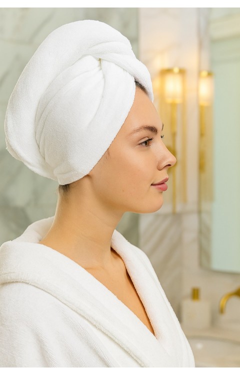 %100 Pamuk Düğmeli Lüx Havlu Saç Bonesi Beyaz