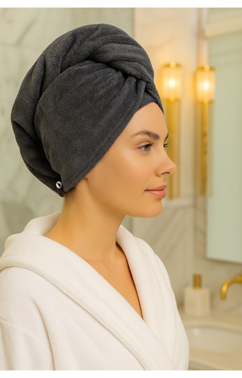 %100 Pamuk Düğmeli Lüx Havlu Saç Bonesi Antrasit