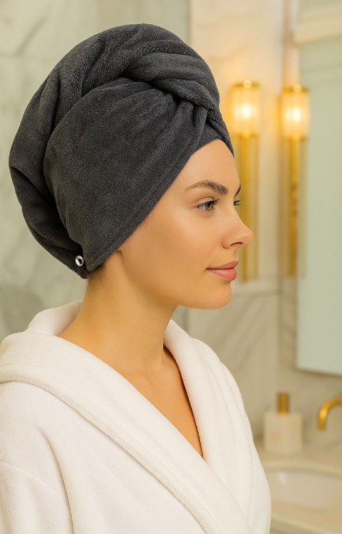 %100 Pamuk Düğmeli Lüx Havlu Saç Bonesi Antrasit
