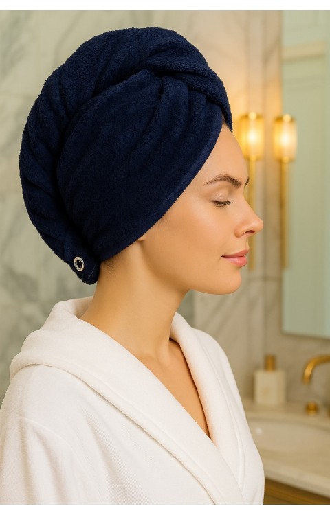 %100 Pamuk Düğmeli Lüx Havlu Saç Bonesi Lacivert