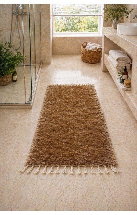 El Dokuma Bambu Viskon Yumuşak İplik 70x140 cm Peluş Halı Paspas Sütlü Kahve