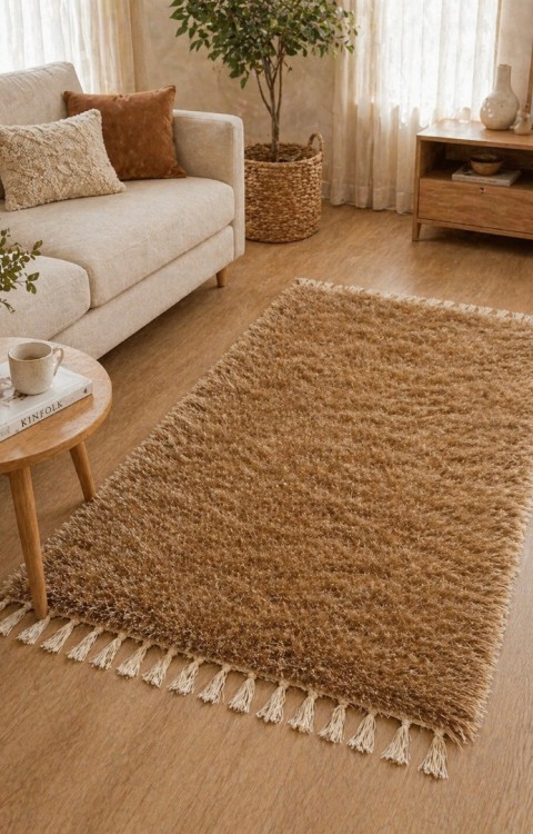 El Dokuma Bambu Viskon Yumuşak İplik 70x140 cm Peluş Halı Paspas Sütlü Kahve