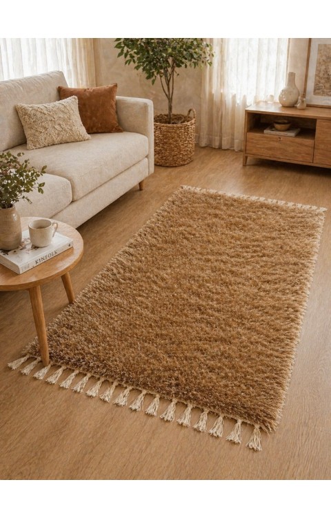 El Dokuma Bambu Viskon Yumuşak İplik 70x140 cm Peluş Halı Paspas Sütlü Kahve