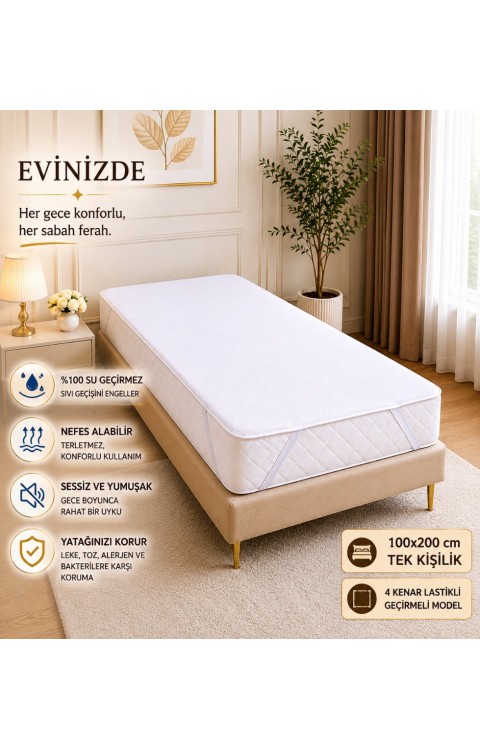 100x200 cm Üstü Örme Havlu Kumaş Alt PU Dört Kenar Lastikli Tek Kişilik Sıvı Geçirmez Yatak Koruyucu Alez