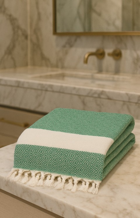 Elmas Desen Pamuklu 100 x 180 cm Peştemal Plaj Banyo Havlusu Yeşil 