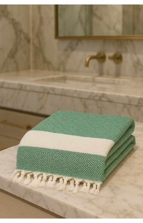 Elmas Desen Pamuklu 100 x 180 cm Peştemal Plaj Banyo Havlusu Yeşil 